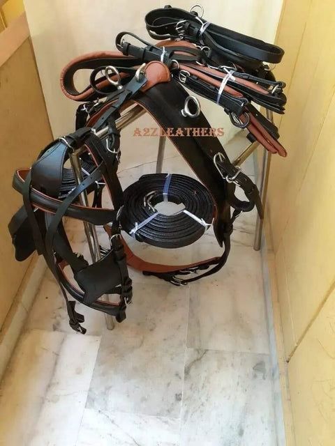 Top-Notch Leather Driving Harness for Single Horse Cart with Extra Padding, Black and Tan, displayed on stand