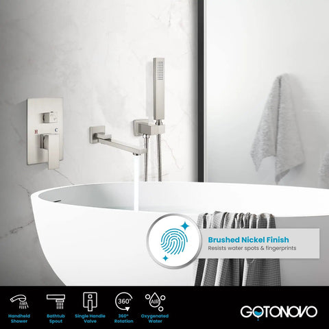 Wall Mounted Tub Filler With Handheld Shower Sprayer No Fuss Dual Function Tub Spout And 2In1 Diverter Single Handle Bathroom Shower System With Rough In Valve Brushed Nickel installed in modern bathroom setting