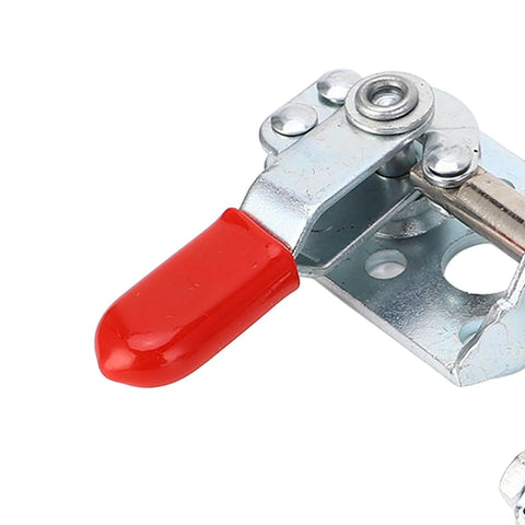 40kg Quick Release Toggle Clamp With Left Right Operation for woodworking jigs, close-up of metal clamp with red plastic handle