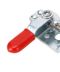 Close-up of Stainless Steel Push Pull Toggle Clamp With Quick Release System 40kg Holding Capacity, showing red handle