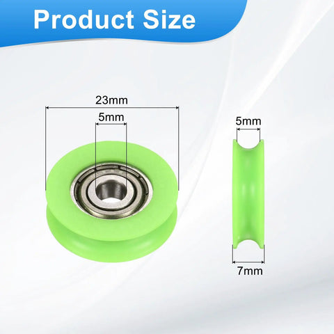 10 Piece Green U-Groove Nylon Plastic Guide Bearings Rollers 5X23X7mm detailed size dimensions with measurements shown.