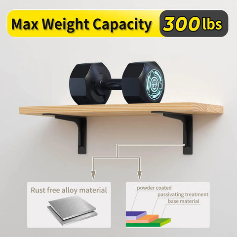 Beefy Heavy Duty 24 By 14 Inch L Shaped Shelf Brackets 300 Lb Load Capacity showing dumbbell on shelf with metal supports