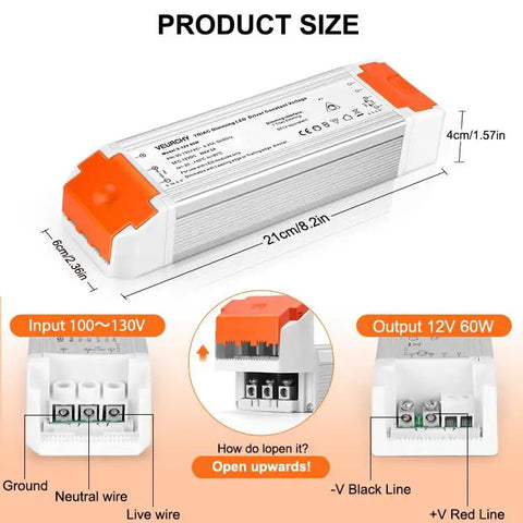 Dimmable LED Driver 12V DC 60W Triac Dimming Transformer For LED Strip Lights 120V AC Input Isolation Protection Low Voltage Power Supply