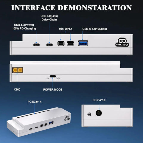 Interface demonstration of Mini Egpu Dock With Cnc Casing Compatible With Thunderbolt 3 4 USB4 showing ports and connections.