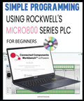 Laptop showing programming software for 'Hands On Micro800 PLC Programming For Beginners' guide with CD illustration.