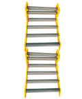 Heavy Duty Portable Conveyor Rollers With Hella Sturdy Build Carrying 330 Lb Loads Flexible Interlocking Shaft Design, yellow frame with gray rollers.