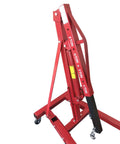 Heavy Duty Folding Engine Hoist And Cherry Picker Garage Workhorse with a red steel frame and hydraulic lift mechanism.