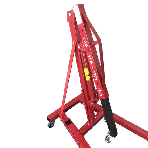 Heavy Duty Folding Engine Hoist And Cherry Picker Garage Workhorse with a red steel frame and hydraulic lift mechanism.