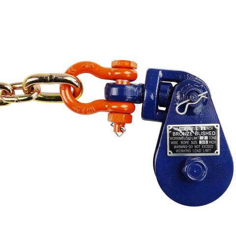 Heavy Duty 2 Ton Snatch Block With Chain, 3 Inch Single Sheave, 2 Ft Length, G70 Alloy Chain, heat treated blue pulley with orange hooks