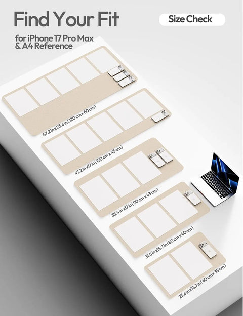 Five PU leather desk mat sizes comparison with notebooks and laptop