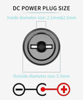 Diagram showing plug sizes for 24V DC Power Adapter 1A 24W Universal Switching AC 100 to 240V Input With 5.5x2.1mm and 5.5x2.5mm Plug Options