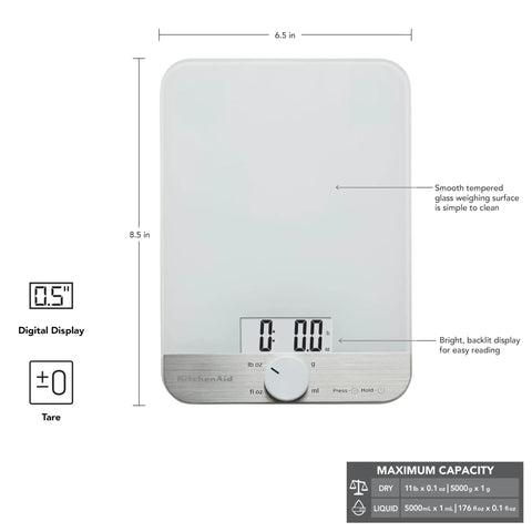 Glass Surface Digital Kitchen Scale with 11 Pound Capacity, White Finish, Precise Measurements, Easy Rotating Knob