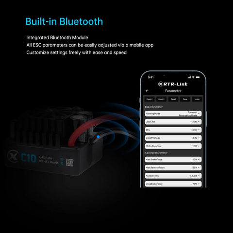 C10 Sensorless Brushless ESC For RC Car 120A Continuous Current with built-in Bluetooth shown next to mobile app interface