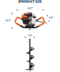 Gas Powered Post Hole Digger With 43cc 2-Stroke Engine, 8 Inch Auger Bit, showing product dimensions and design features.