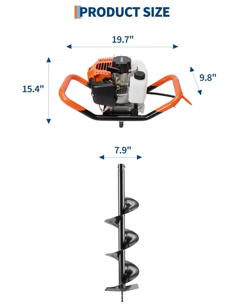 Gas Powered Post Hole Digger With 43cc 2-Stroke Engine, 8 Inch Auger Bit, showing product dimensions and design features.