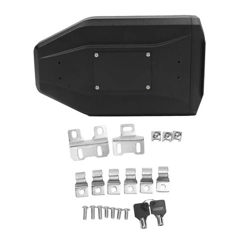 Heavy Duty ABS Motorcycle Side Toolbox Featuring Rugged Stainless Steel Brackets For Secure Tool Stash with hardware.