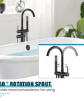 Floor Mount Bathtub Faucet High Flow Freestanding Tub Filler With 360 Degree Swivel Gooseneck Spout And Cylindrical Handheld Spray