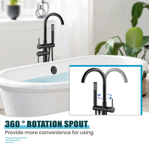 Floor Mount Bathtub Faucet High Flow Freestanding Tub Filler With 360 Degree Swivel Gooseneck Spout And Cylindrical Handheld Spray