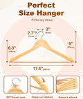 Heavy Duty Wooden Hangers 20 Pack With Non Slip Pant Bar For Closets showing dimensions and features