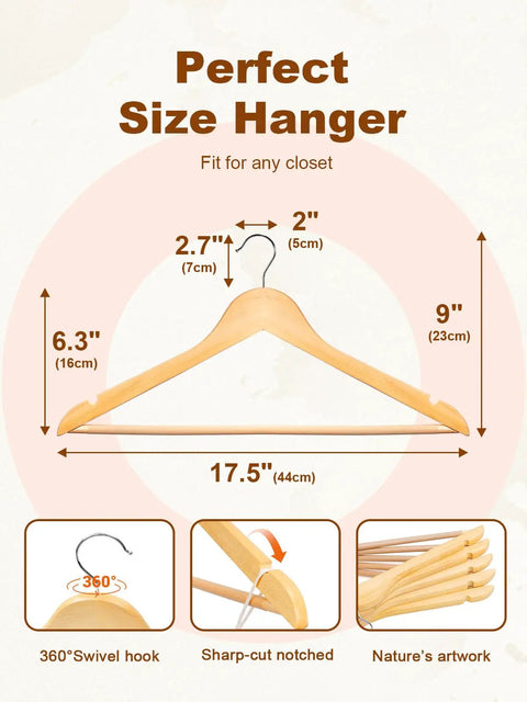 Heavy Duty Wooden Hangers 20 Pack With Non Slip Pant Bar For Closets showing dimensions and features