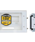 Recessed Low Voltage Cable Plate With Built In Duplex Receptacle Outlet No Fuss Easy Install Tamper Resistant Safe Power Kit For Home Theater TV Setup And Cable Management White displayed.