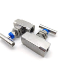 Stainless steel high-pressure needle valve components for panel-mount, 1/4–1/2 in female threads, blue fittings (disassembled).