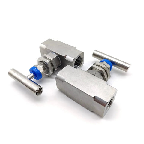 Stainless steel high-pressure needle valve components for panel-mount, 1/4–1/2 in female threads, blue fittings (disassembled).