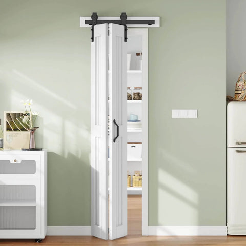 Double 14 Inch Bifold Barn Doors 28 By 84 Inches White, Bi Fold Sliding Closet Doors With Hardware Kit Included, shown installed