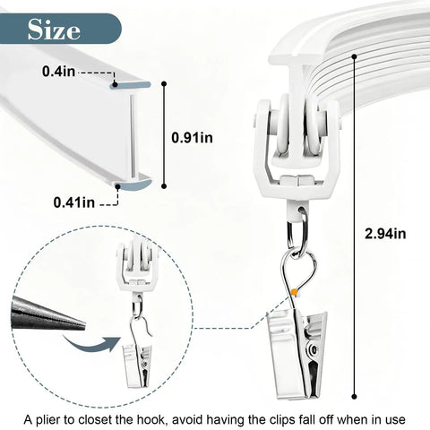 Flexible Bendable Curtain Track Ceiling And Wall Mount Kit Easy Install 12 Foot Sliding System For RV Bay Shower Curtain Rods White Durable Aluminum Includes Mounting Brackets And Hardware hook clip size diagram with plier-closed clasp