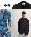 Collage of men's fashion items including denim shirts, black shirt, jeans, watch, sunglasses, and belt