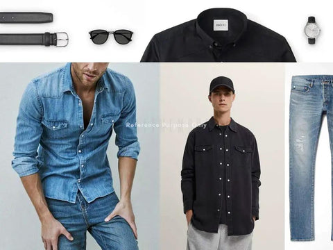 Men's casual fashion items including denim shirts, jeans, black shirt, leather belt, sunglasses, and watch.