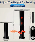 Heavy Duty Adjustable Bed Legs With Grippy Rubber Base Straight Up Reliable Furniture Feet showing height range from 7.3 to 12 inches.