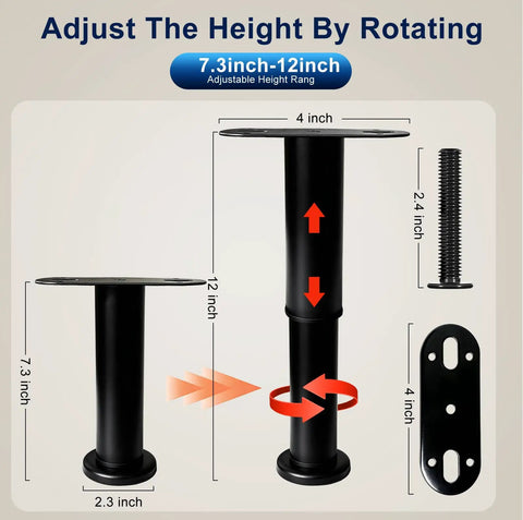Heavy Duty Adjustable Bed Legs With Grippy Rubber Base Straight Up Reliable Furniture Feet showing height range from 7.3 to 12 inches.