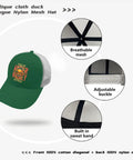 Green Trucker Cap For Men And Women, Casual Sport Hat With Adjustable Buckle, Front Graphic Design, showing mesh and buckle details