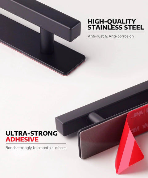 2 Pack Self Adhesive Cabinet Handles Matte Black No Drill Drawer Pulls Stick On Handles For Cabinets Closets Sliding Shower Doors 6 Inch Overall Length Easy Peel And Stick Installation With Heavy Duty Double Sided Adhesive For Secure Holding showcasing adhesion and stainless steel