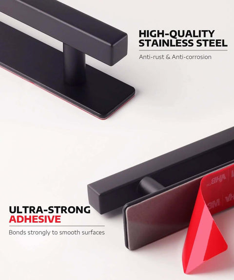 Stick On Cabinet Handles Matte Black 6 Inch No Drill Drawer Pulls showing stainless steel and ultra-strong adhesive backing.