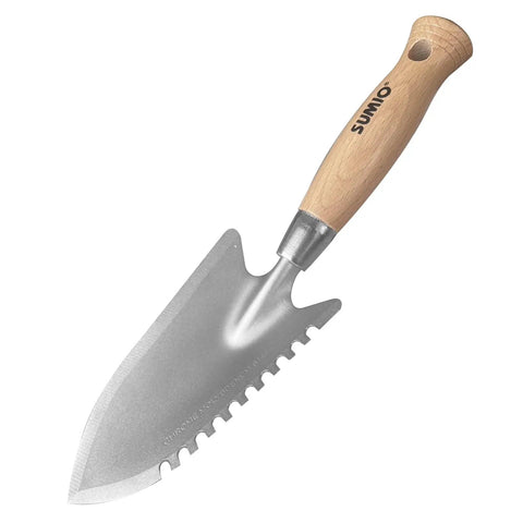 11.6 Inch Weeding Trowel With Serrated Edge Alloy Steel Blade Garden Shovel featuring beech wood handle for precise digging
