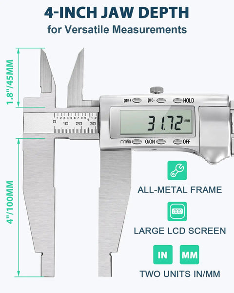 12 Inch Digital Caliper With 4 Inch Jaw Depth Pro Grade Metal Frame Large LCD Screen Ultra Precise 0.0005 Inch Or 0.01 mm
