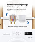 Heavy Duty Double Interlocking Washing Machine Outlet Box above a washer showing dual valve setup and mounting flexibility.