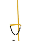 Front view of FEC-1 Steel Fire Extinguisher Carrier With 100 Lb Capacity Yellow, Welded Steel Construction With Powder Coat Finish, Tilt N Go Portable Carrier With Two Adjustable EPDM Straps, Rubber Grip Handle, And Poly On Poly Casters.