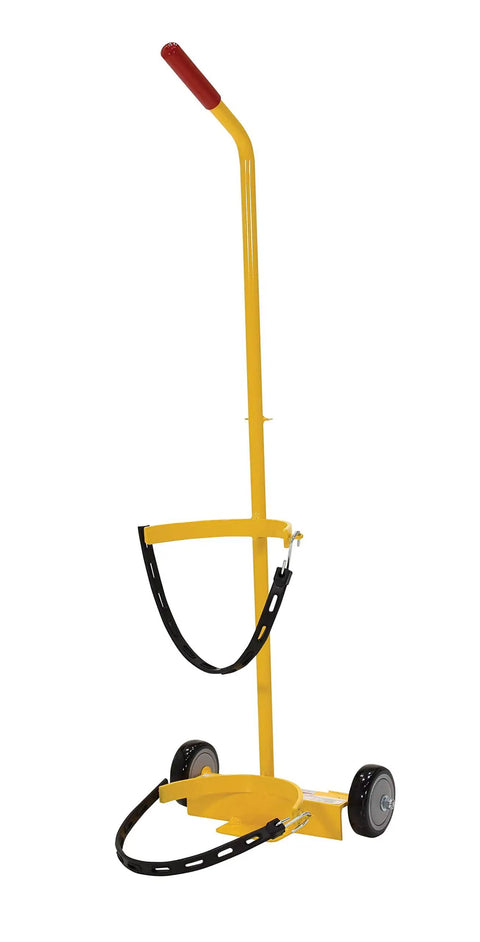 Front view of FEC-1 Steel Fire Extinguisher Carrier With 100 Lb Capacity Yellow, Welded Steel Construction With Powder Coat Finish, Tilt N Go Portable Carrier With Two Adjustable EPDM Straps, Rubber Grip Handle, And Poly On Poly Casters.