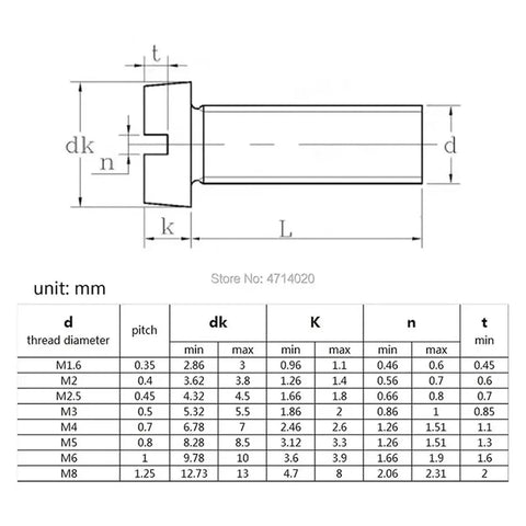 Technical diagram of Top Shelf 304 Stainless Steel Cheese Head Machine Screws Slotted Drive for woodworking DIY projects.