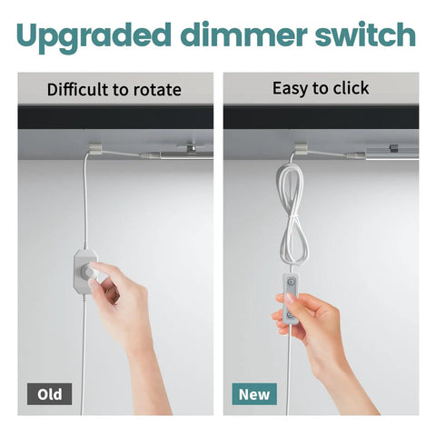 Comparison of dimmer switches for dimmable under cabinet LED lights for kitchen, showing old rotary and new easy-click designs.