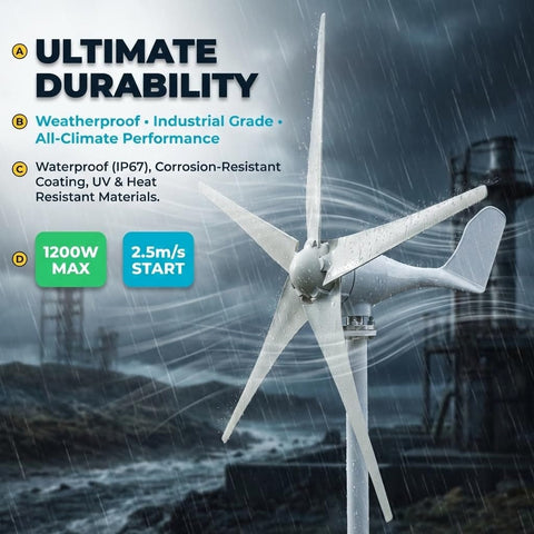 1200W Wind Power Generator Kit With 12V 24V Start 2.5 Meters Per Second Turbine Easy Install Charging Controller DC 27 To 54V For Home Farm Factory RV Boats Warehouse And Camps Off Grid Wind Turbine System installed outdoors with durability features highlighted
