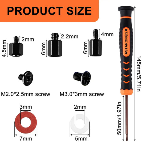 Ultimate M.2 NVMe SSD Screw Kit With 9 Nuts Of Three Heights 6 Black Screws 6 Insulation Spacers And Magnetic Screwdriver For PS5 And Asus MSI Gigabyte NGFF PCIe NVMe 2280 Motherboard Easy Install, displaying all components with measurements.