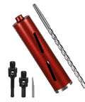 Front view of SALI diamond core drill bit kit, red 2.5 in diameter, 10 in depth, with two adapters and pilot drill.