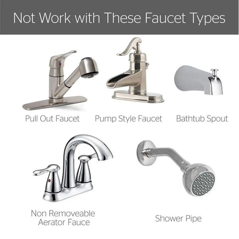 Image showing faucet types not compatible with Faucet Mounted Eye Wash Station For Quick Emergency Eye Flush attachment.