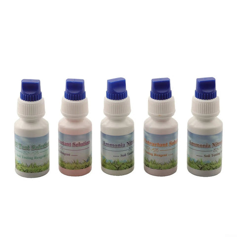 Five reagent bottles from 10ml Soil Testing Kit For Gardeners And Farmers: Fast NPK Readings, Easy Peasy Soil Evaluation.