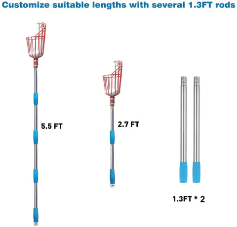 8 Foot Adjustable Fruit Picker Pole with Lightweight Stainless Steel Build, showing telescoping length options of 5.5ft and 2.7ft with foam grip