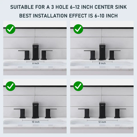 Black 8 Inch Widespread Bathroom Faucet With Two Handles Slick Matte Black Modern RV Lavatory Vanity Faucet 3 Hole Sink Faucet With Pop Up Drain And Water Supply Lines Included Durable Brass Construction shown in various sink positions